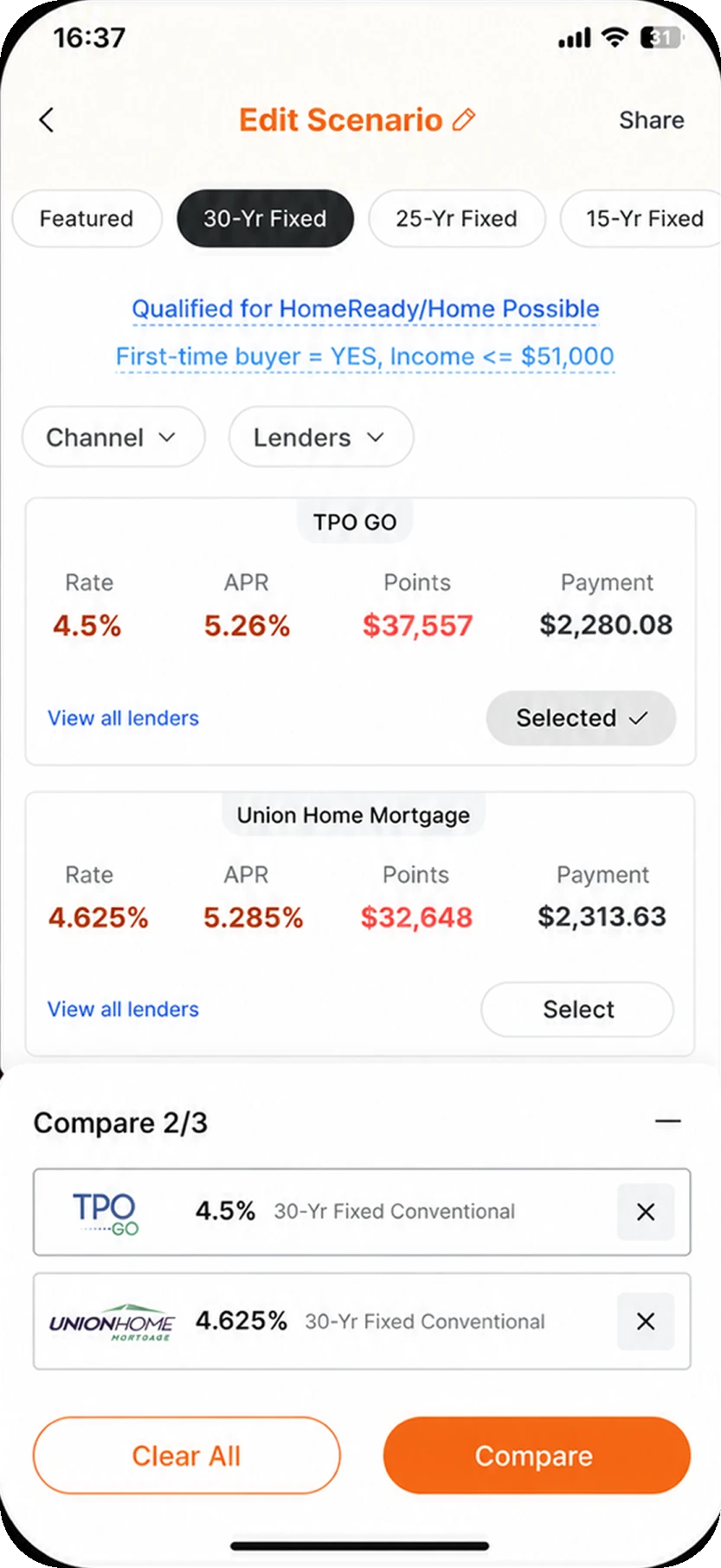 The Loan Factory app comparing rates from 240+ lenders, and chatting live with a loan officer